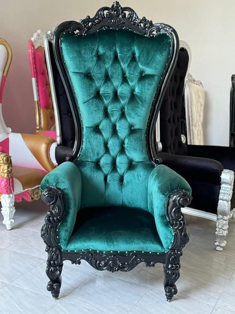 "Queen Tiffany"  Throne Chair - Dark Green Velvet / Black