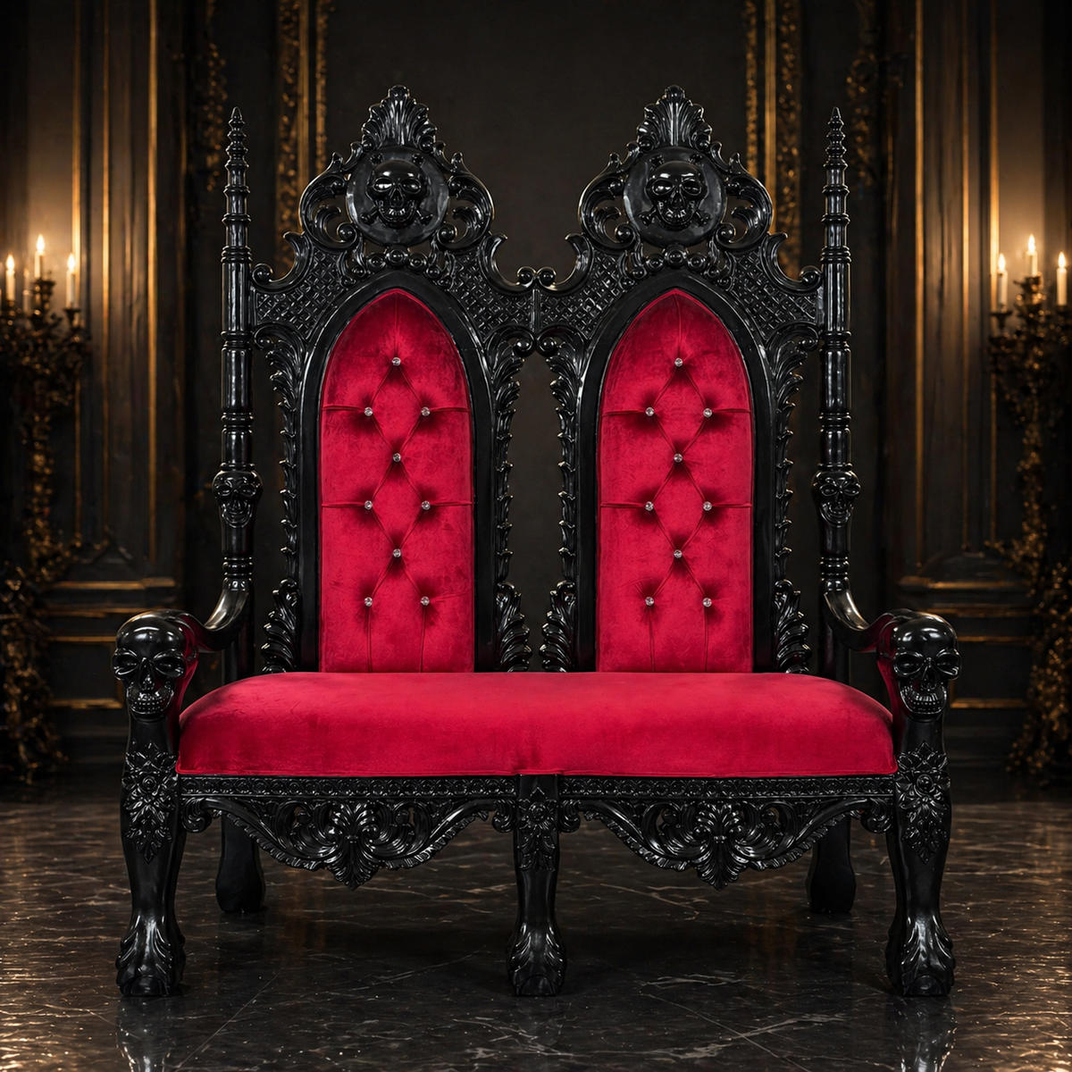 Crimson Reaper Gothic Loveseat with red upholstery and dark skull frame