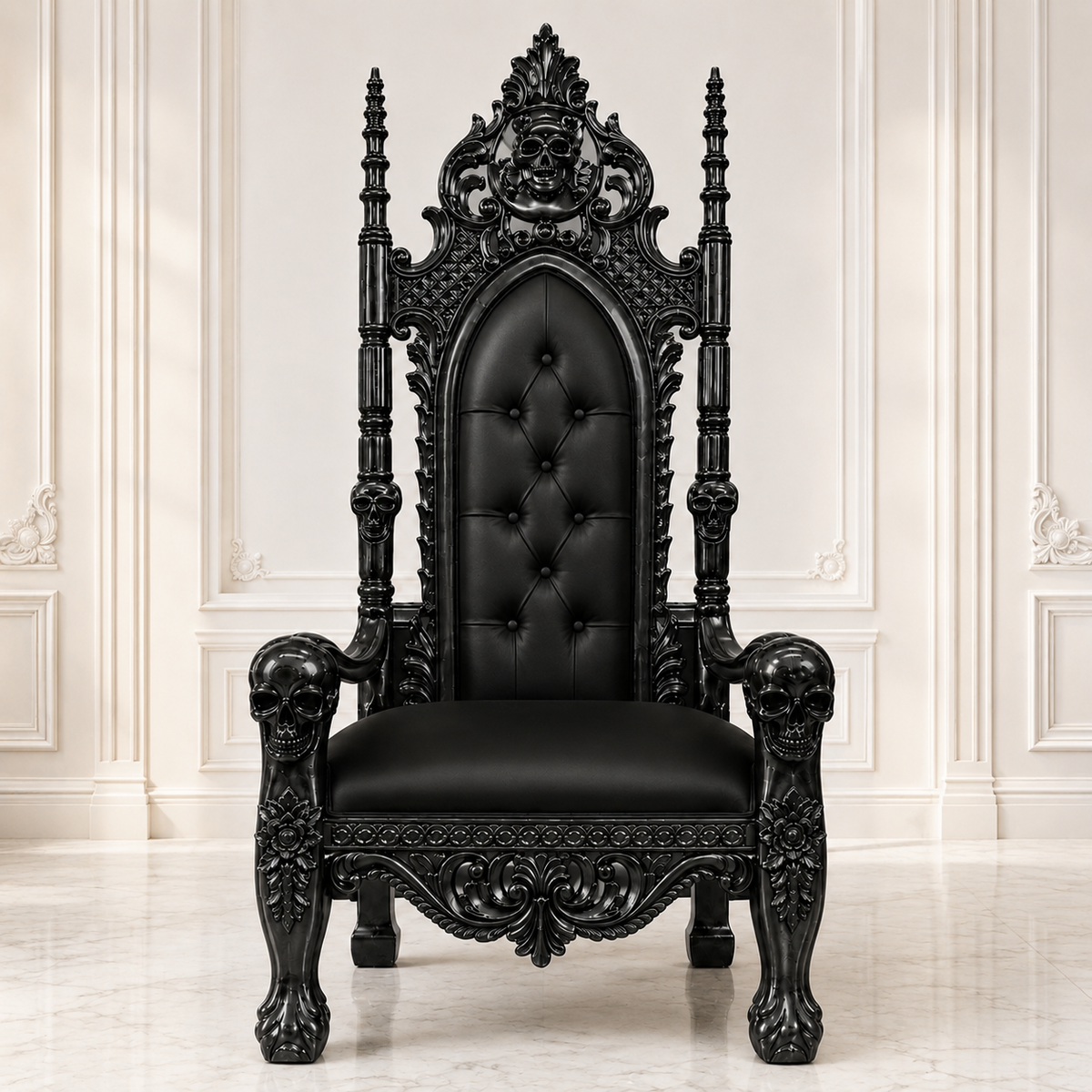 Reaper Gothic Throne Chair with ornate skull carvings