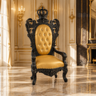 An ornate black carved throne chair with a tufted gold upholstered backrest and seat, set in a luxurious gold and cream interior room with marble floors.