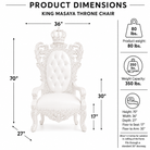 Product dimensions diagram for a King Masaya throne chair, showing the chair centered with labeled measurements for width, height, and depth, plus weight and weight capacity information on a white background.