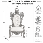 Product dimensions diagram for a King Masaya throne chair, showing the chair centered with labeled measurements for width, height, and depth, plus weight and weight capacity icons on a white background.