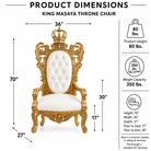 King Masaya throne chair with dimension annotations showing 36" width, 70" height, 30" back height, 17" arm height, and 27" leg depth, alongside product weight and weight capacity information on a white background.