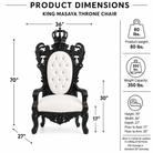 Product dimensions diagram for a King Masaya throne chair, showing a black carved wooden frame with a white tufted cushioned seat and backrest. The image includes labeled measurements for height, width, and depth, along with product weight and weight capacity information on a white background.