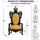 Product dimensions diagram for a King Masaya throne chair, showing the chair with measurement arrows and weight capacity information on a white background.
