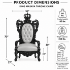 Product dimensions diagram for a King Masaya throne chair, showing a black ornate carved chair with a light tufted seat and back, plus measurement labels and weight capacity information on a white background.