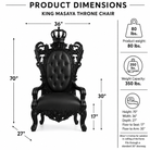 Product dimensions diagram for a King Masaya throne chair, showing the chair centered with labeled measurements for width, height, and depth, plus weight and weight capacity information on a white background.
