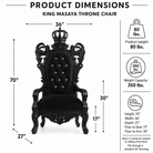 Product dimensions diagram for a King Masaya throne chair, showing the chair centered with measurement arrows and weight capacity details on a white background.