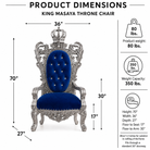 King Masaya throne chair product dimensions diagram on a white background, showing a silver ornate throne chair with a blue tufted velvet seat and backrest, along with weight and size measurements and capacity icons.