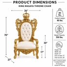 King Masaya throne chair product dimensions diagram on a white background, showing the chair with labeled measurements for height, width, and depth, plus weight and weight capacity icons on the right.