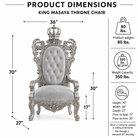 Product dimensions diagram for a King Masaya throne chair, showing the chair centered with labeled measurements for width, height, and depth, plus weight and weight capacity information on a white background.