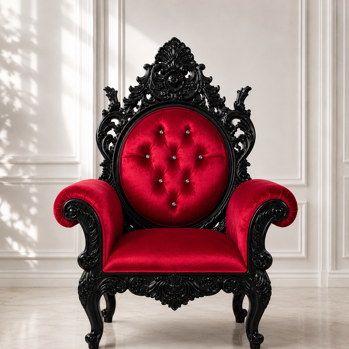 Vesper Gothic Throne with red upholstery and ornate black frame