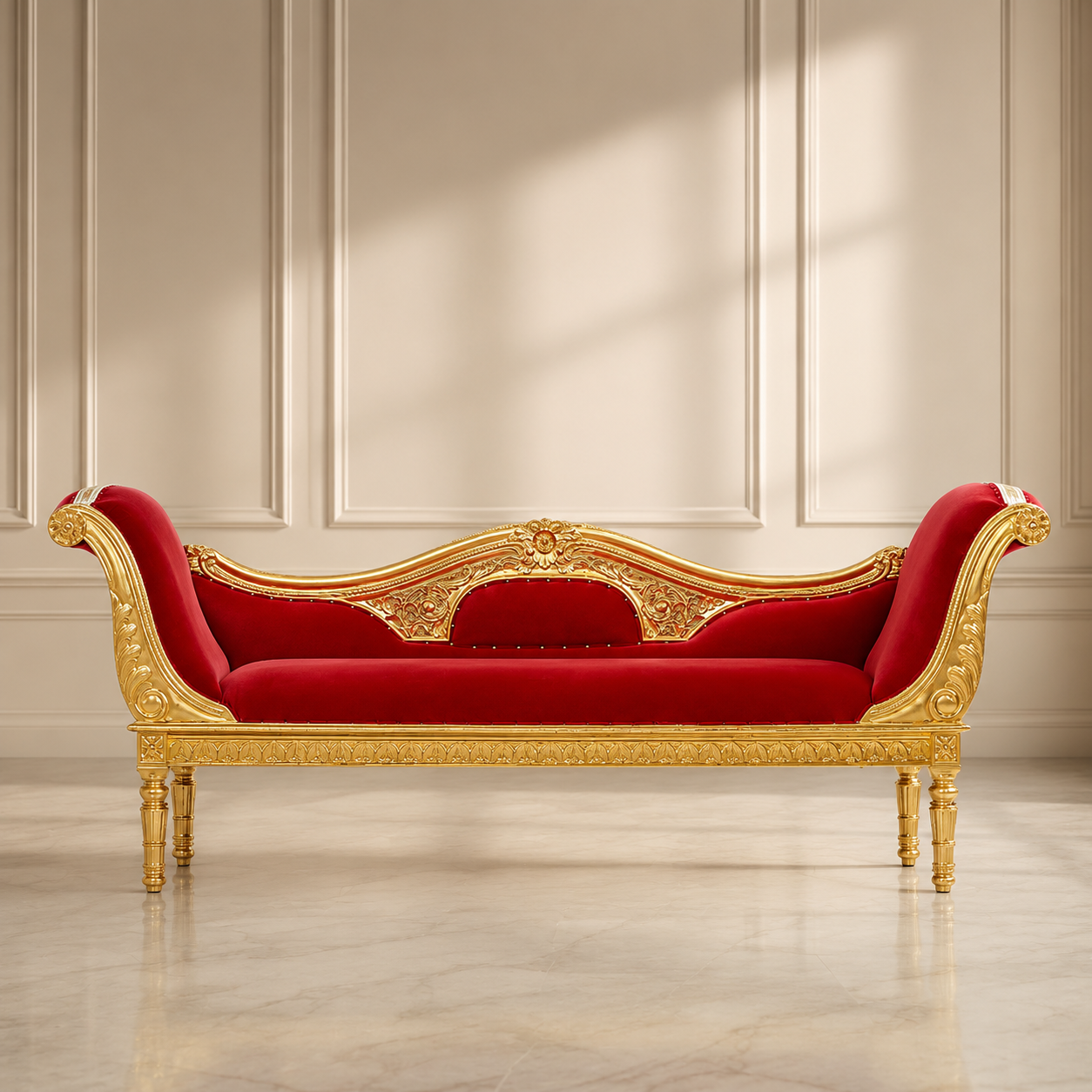 Priya Royal Chaise Lounge in plush red velvet with an ornate metallic gold frame, shown front-facing on a luxury ecommerce background.