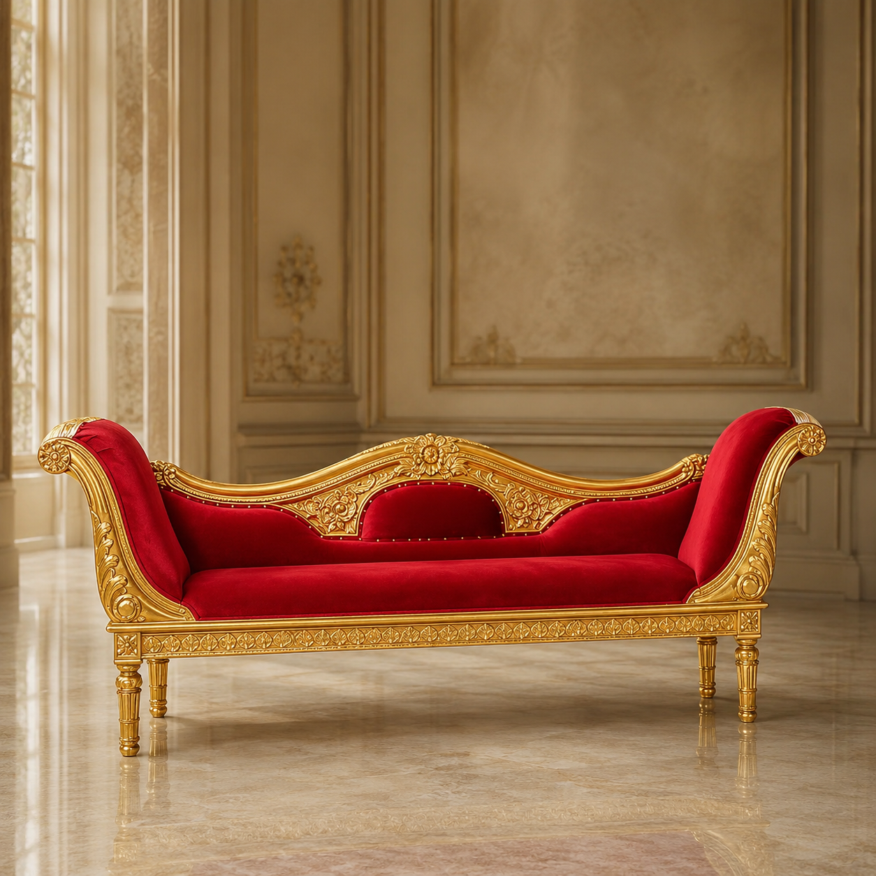Priya Royal Chaise Lounge in red velvet with a detailed gold frame, shown at a 30-degree angle in an elegant luxury interior.