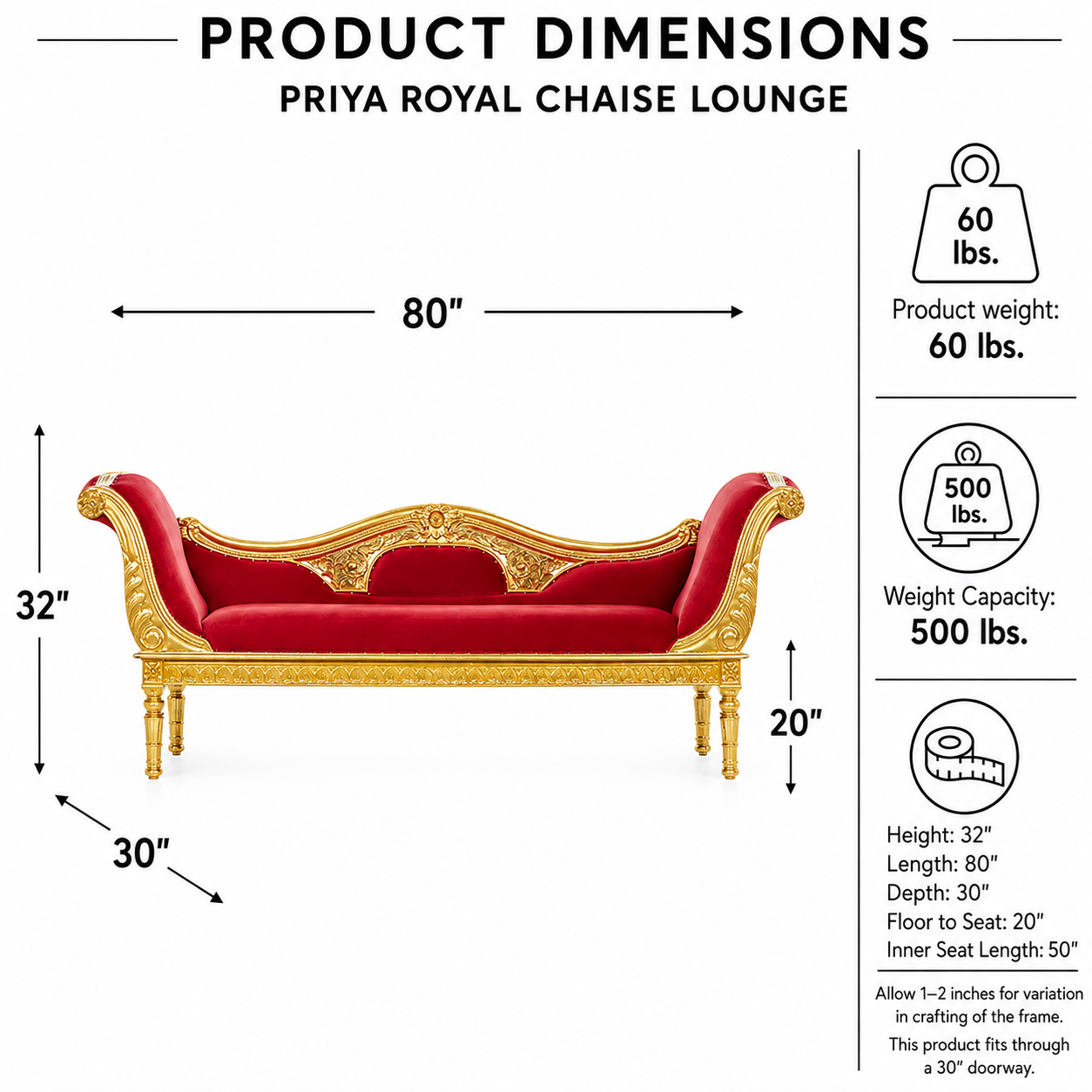 Priya Royal Chaise Lounge in red velvet with ornate gold frame, shown with 80" length, 32" height and 30" depth dimensions.