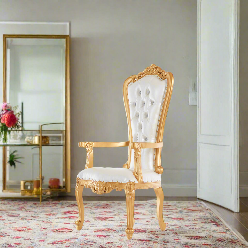 "Valentina" Accent Arm Throne Chair - White / Gold