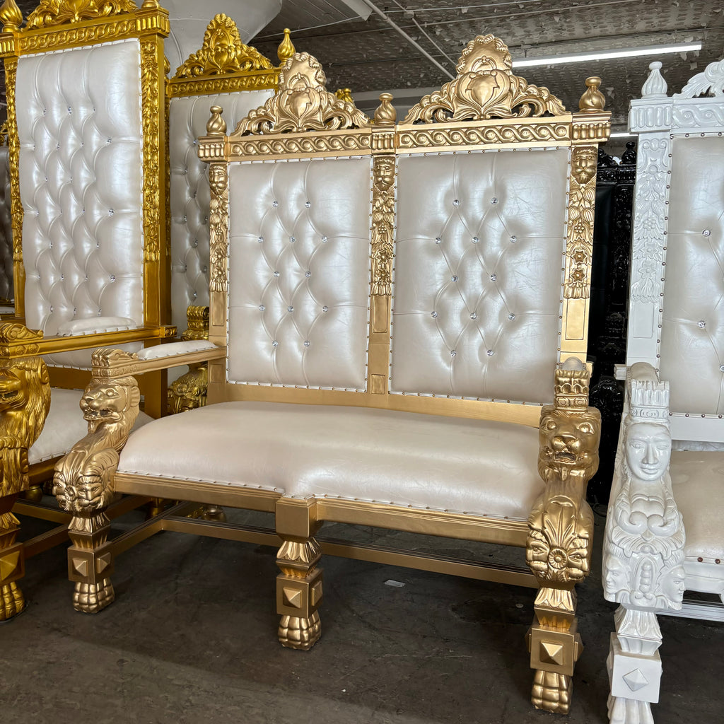 "King Samuel" Lion Love Seat Throne Chair - White / Gold