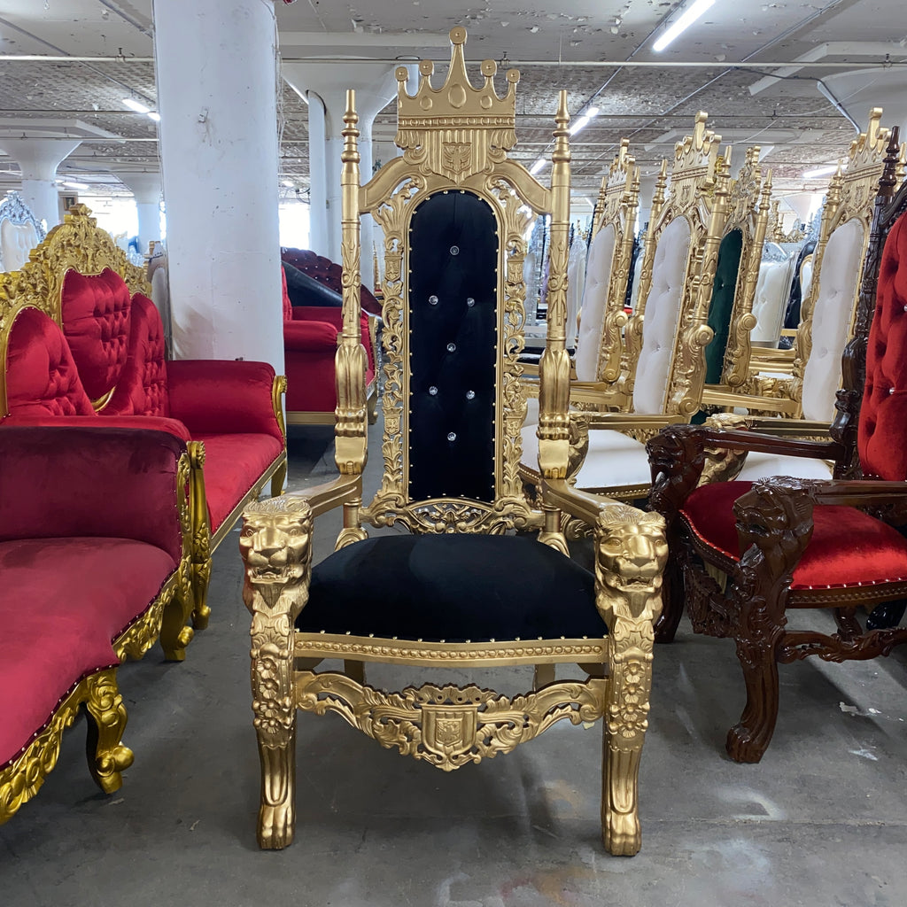 "King David" Crown Lion Throne Chair - Black Velvet / Gold
