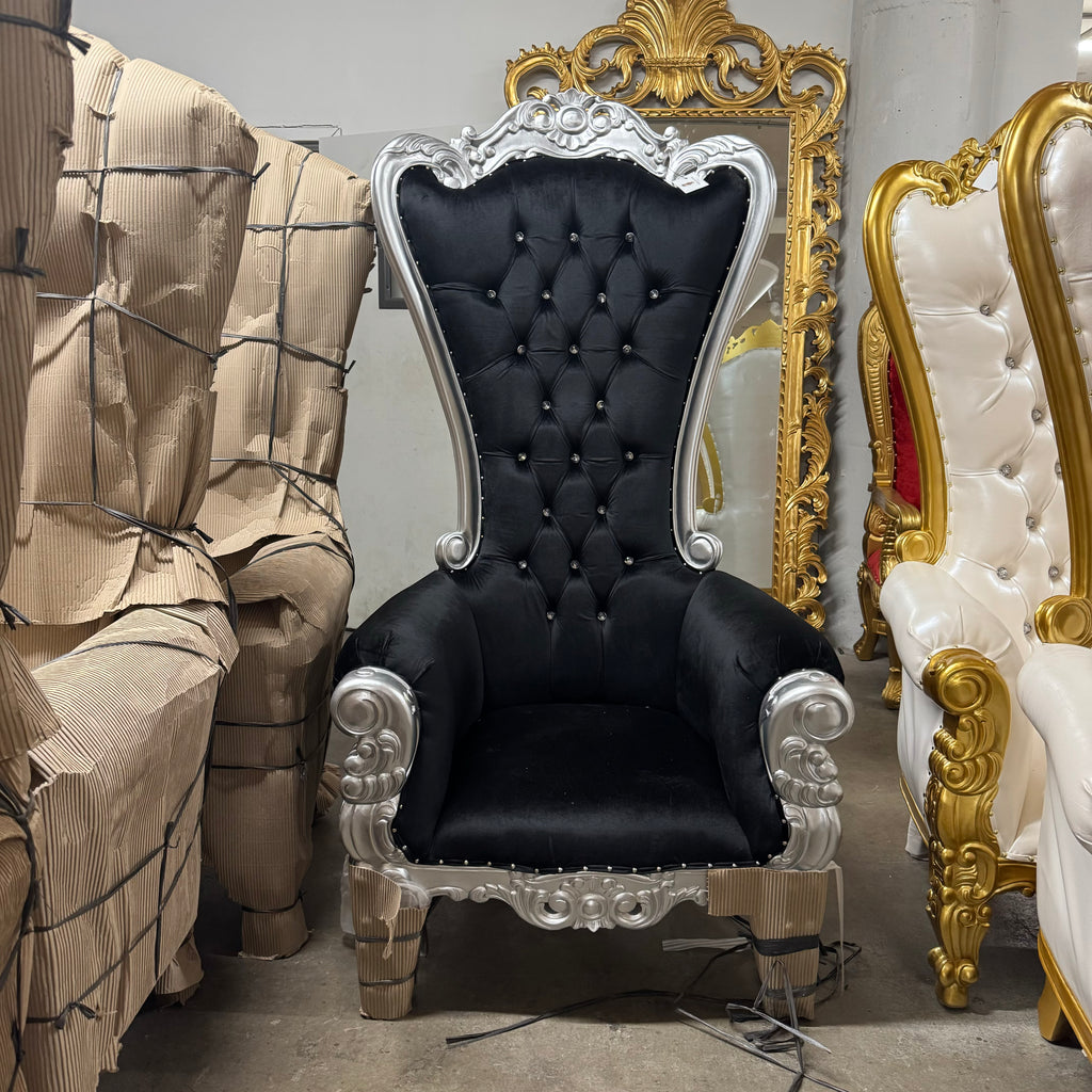 "Queen Tiffany"  Throne Chair - Black Velvet / Silver