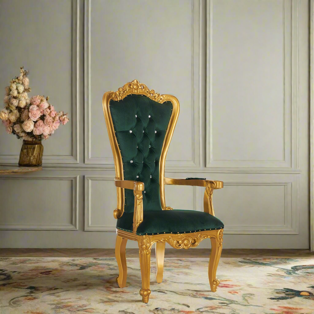 "Valentina" Accent Arm Throne Chair - Green Velvet / Gold