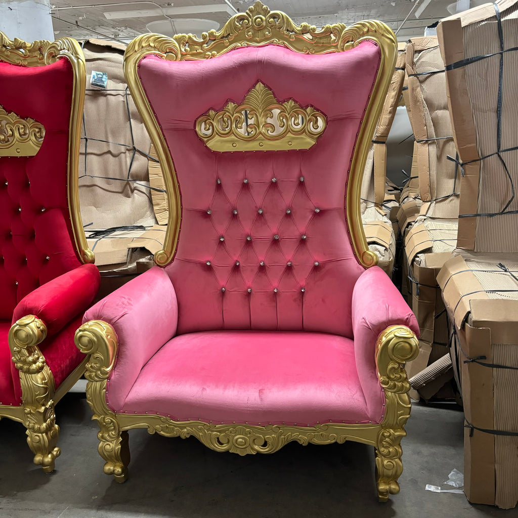 “Crown Tiffany" Extra Wide Throne Chair - Pink Velvet / Gold