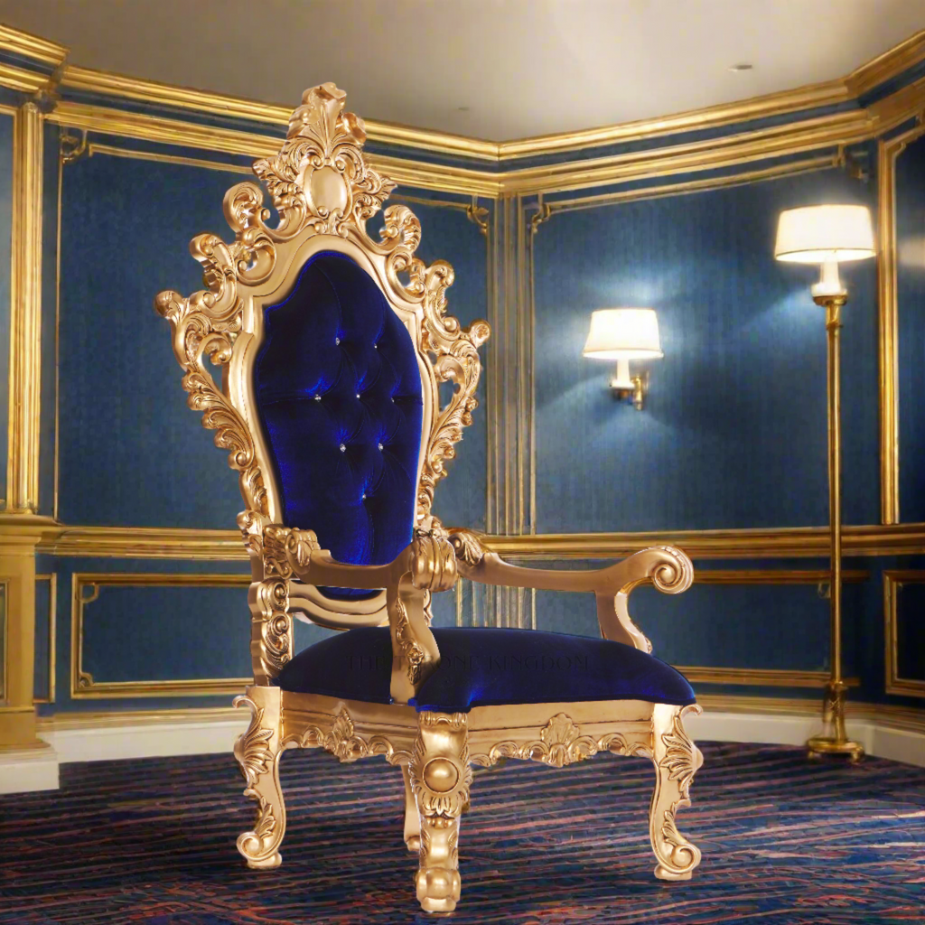 "King Darius" Royal Throne Chair - Blue Velvet / Gold