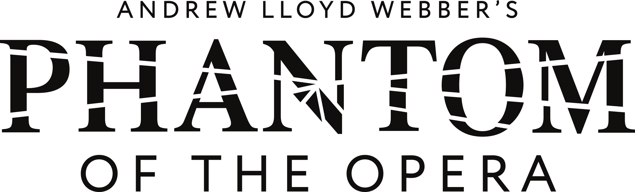 The official logo for the theatrical production 'Andrew Lloyd Webber's Phantom of the Opera' in black serif typography on a solid white background.