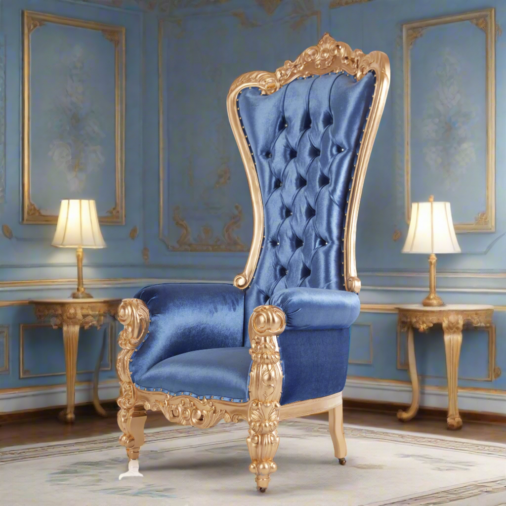 "Queen Tiffany 2.0" Throne Chair - Satin Blue / Gold