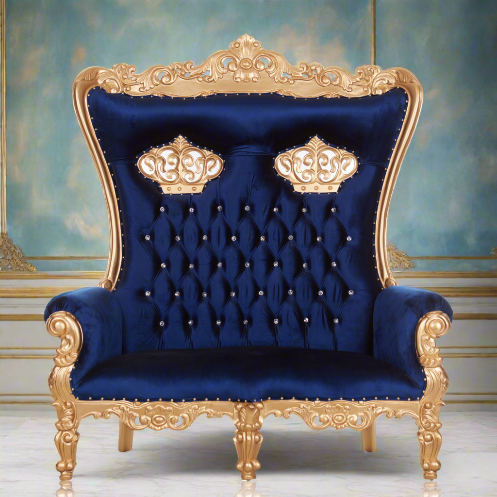 "Crown Tiffany" Love Seat Throne Chair - Blue / Gold