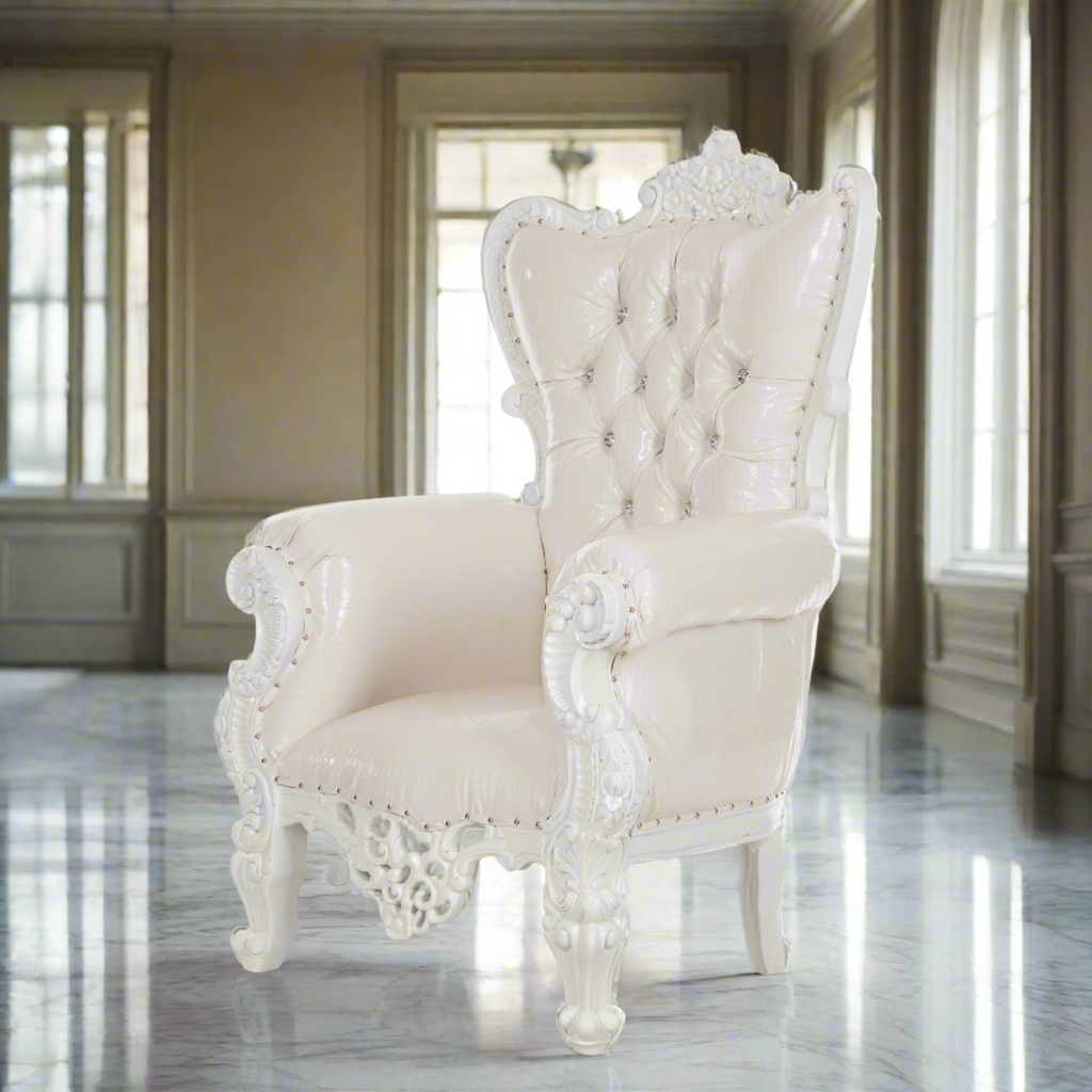 "Queen Sonia" Throne Chair 60" - White Croc Print / White