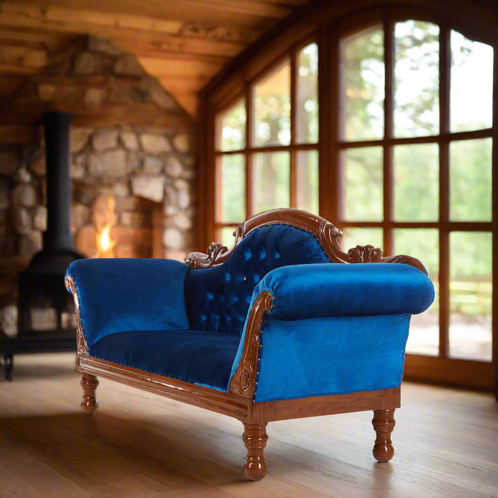 "Arabic Haflah" Royal Chaise Lounge - Blue Velvet / Brown