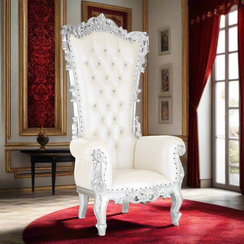 "Noella" Royal Throne Chair - White / Silver