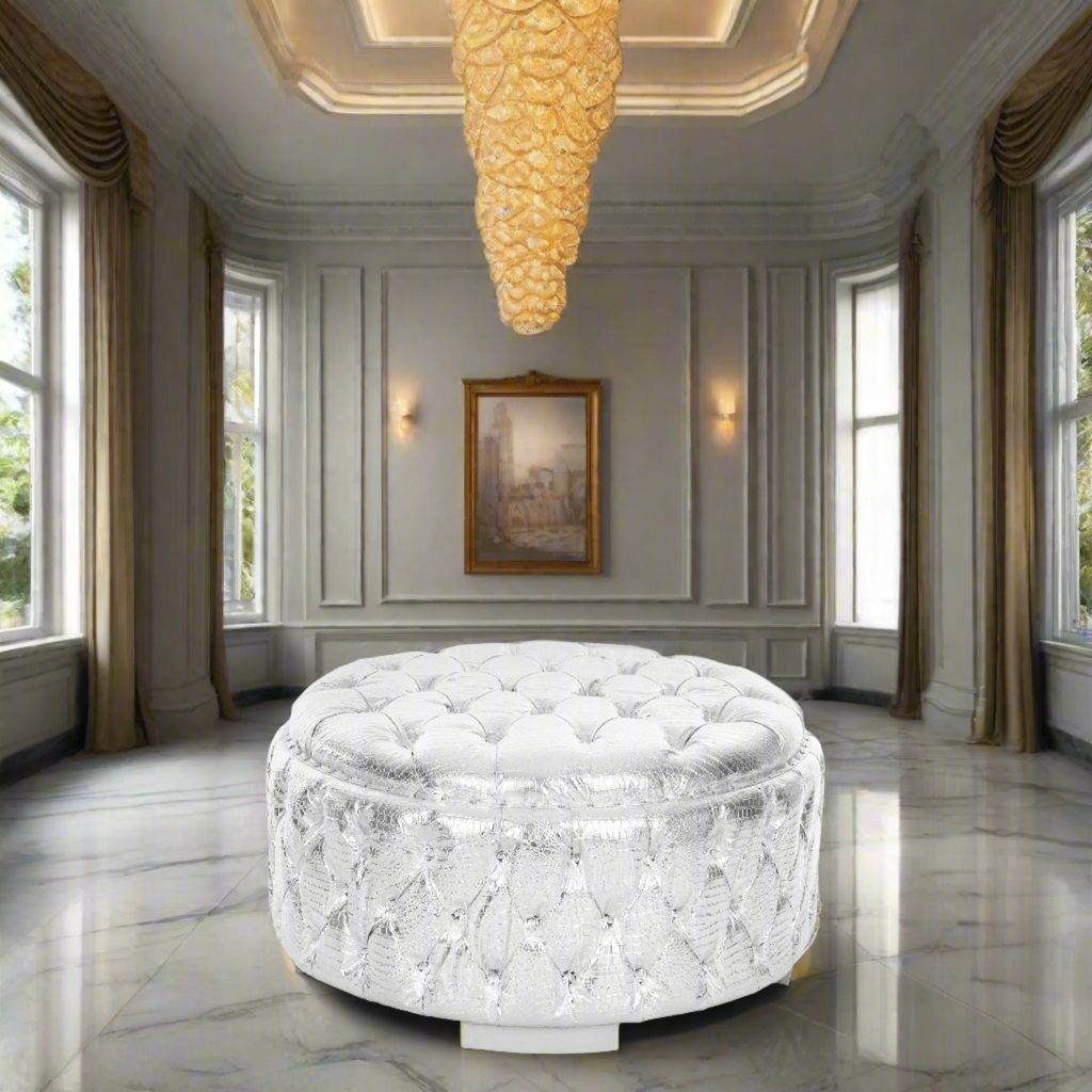 "Aziza" Royal Ottoman - Silver Croc Print / Silver