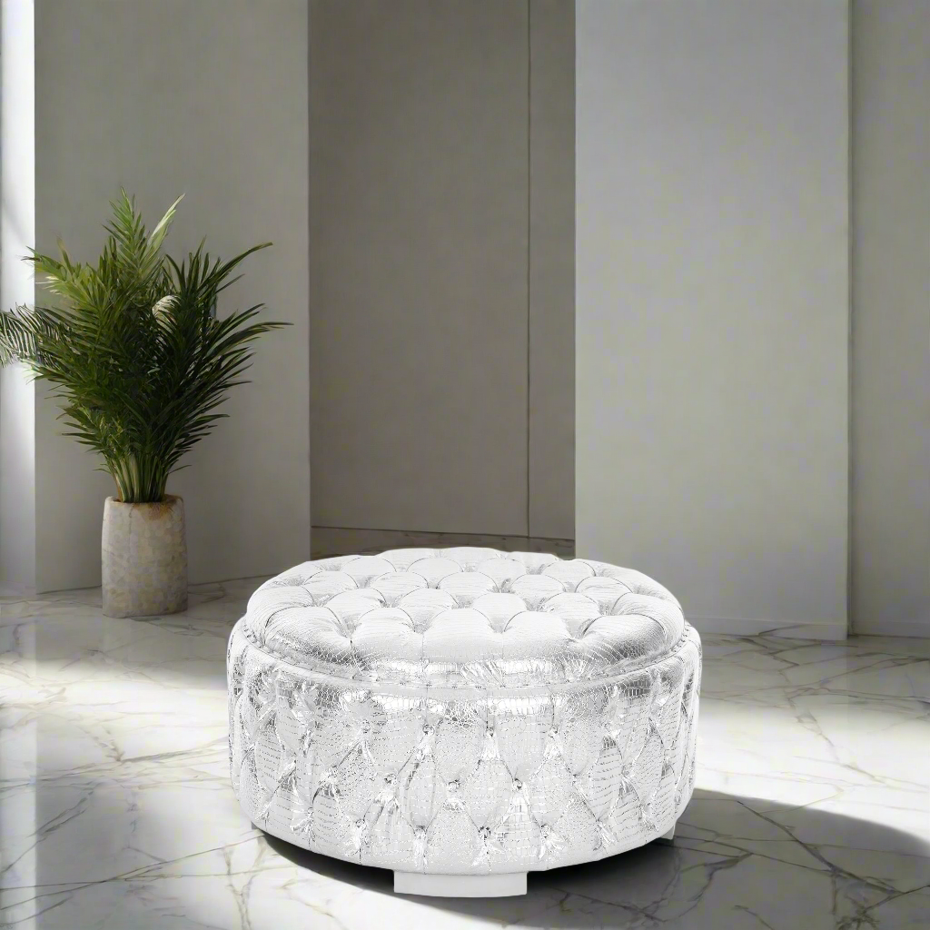 "Aziza" Royal Ottoman - Silver Croc Print / Silver