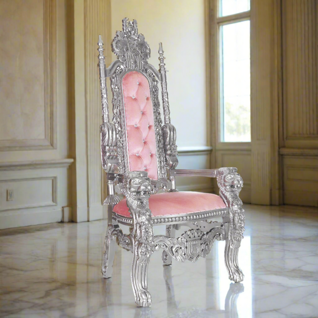"King David" Lion Throne Chair - Pink Velvet / Silver