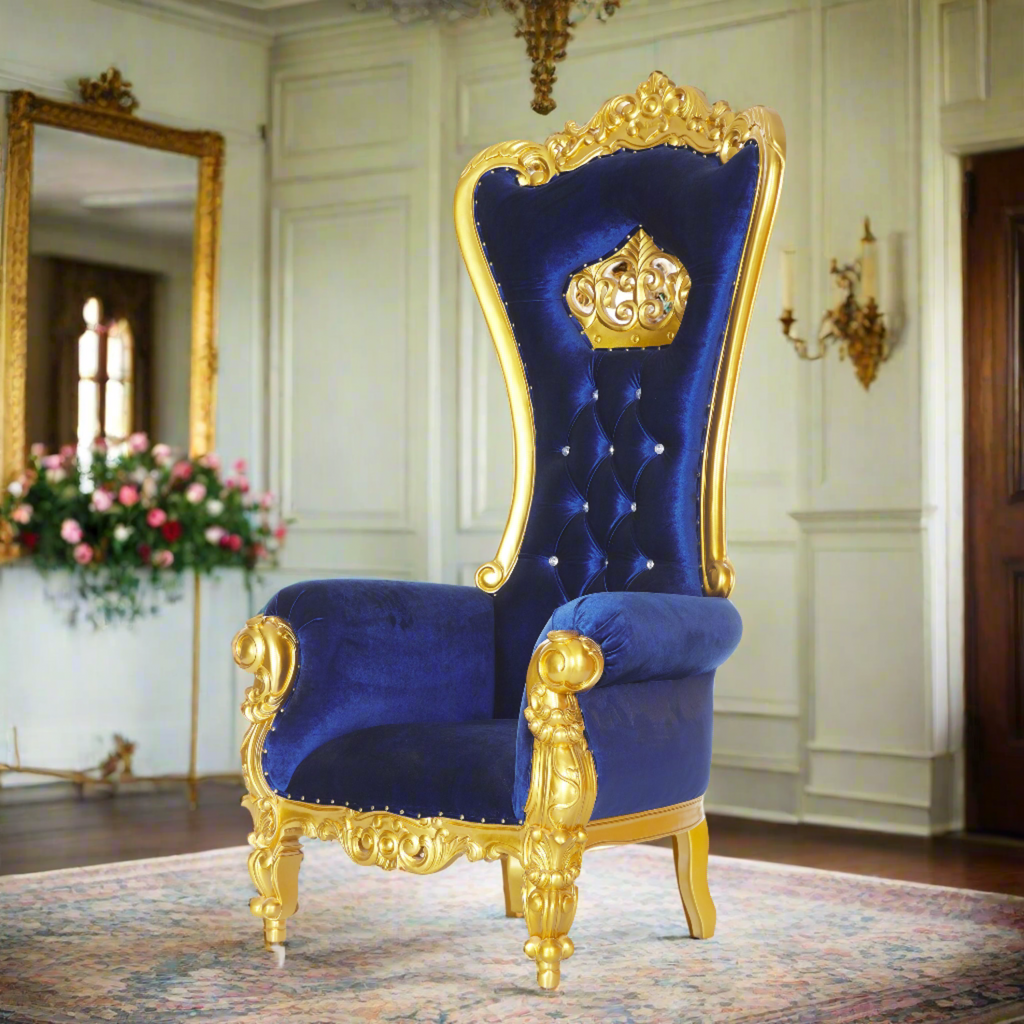 "Crown Tiffany" Throne Chair - Blue Velvet / Gold