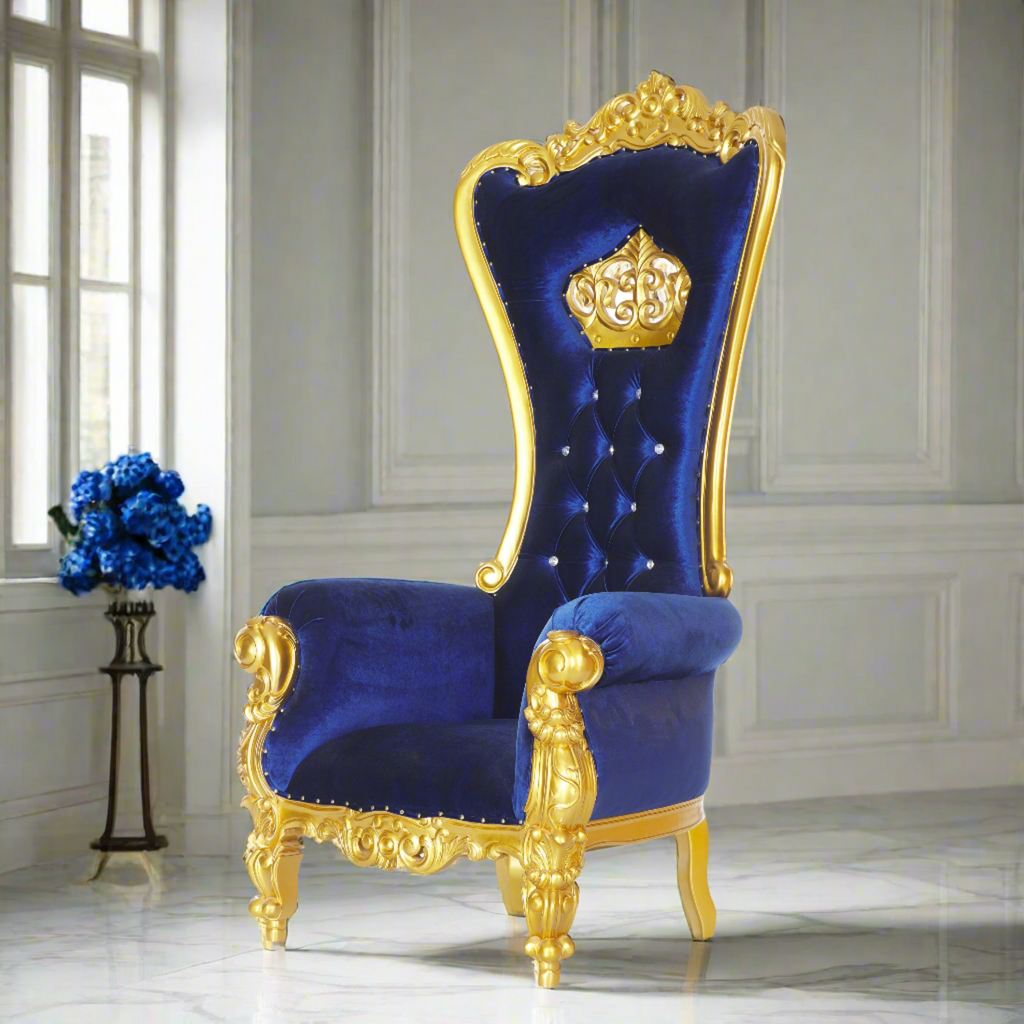 "Crown Tiffany" Throne Chair - Blue Velvet / Gold