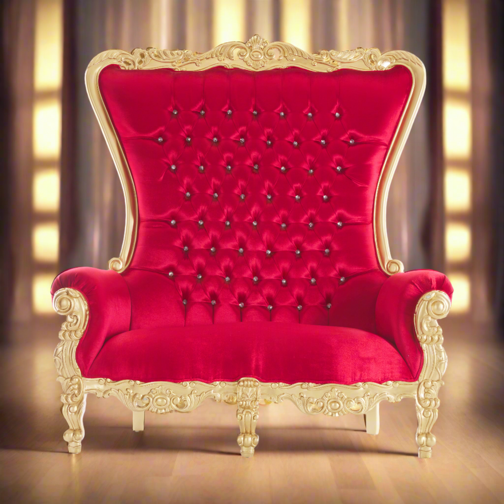 "Queen Tiffany 2.0" Love Seat Throne Chair - Red Velvet / Gold