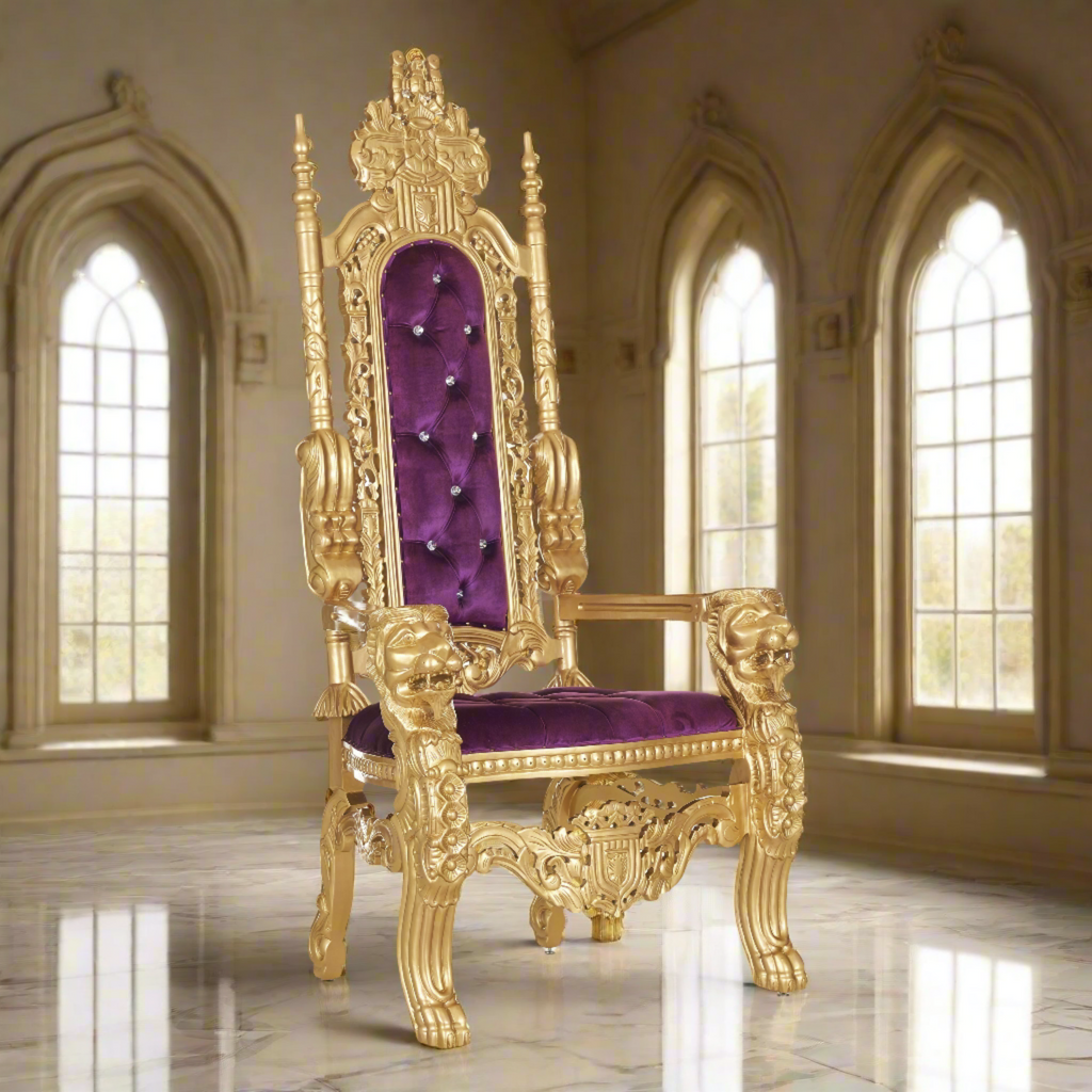"King David" Lion Throne Chair - Purple Velvet / Gold