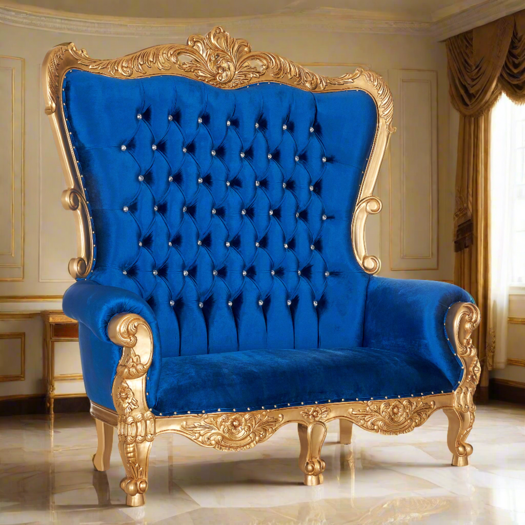 "Queen Victoria" Love Seat - Blue Velvet / Gold