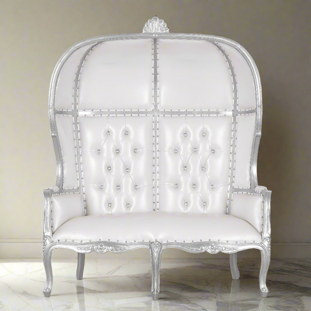 "Hooded Canopy" Love Seat Throne - White / Silver