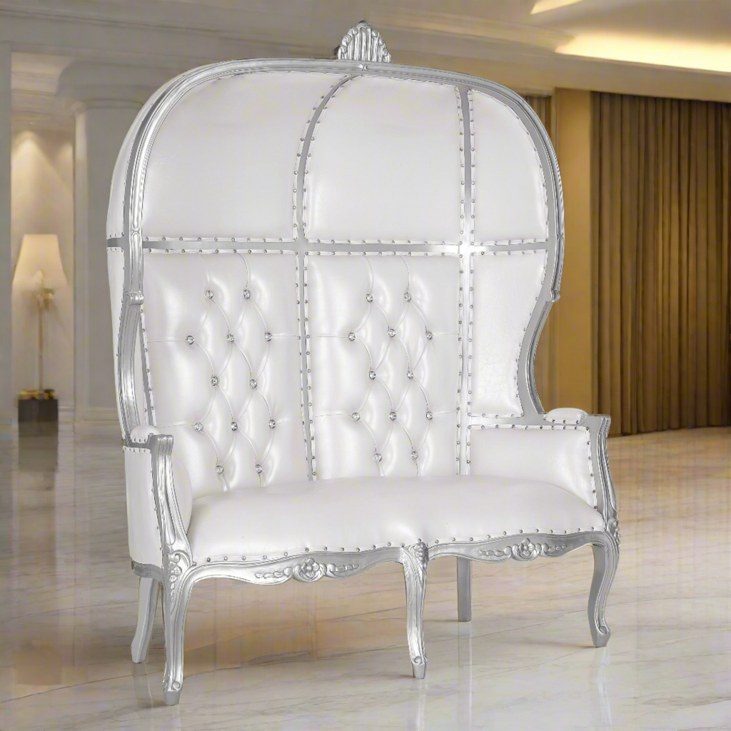 "Hooded Canopy" Love Seat Throne - White / Silver