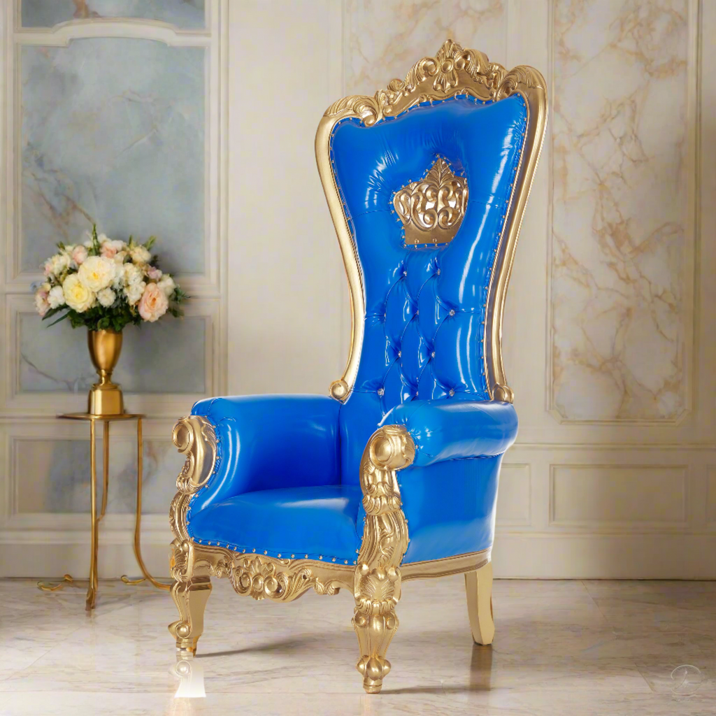 "Crown Tiffany" Throne Chair -  Blue Patent Leather / Gold