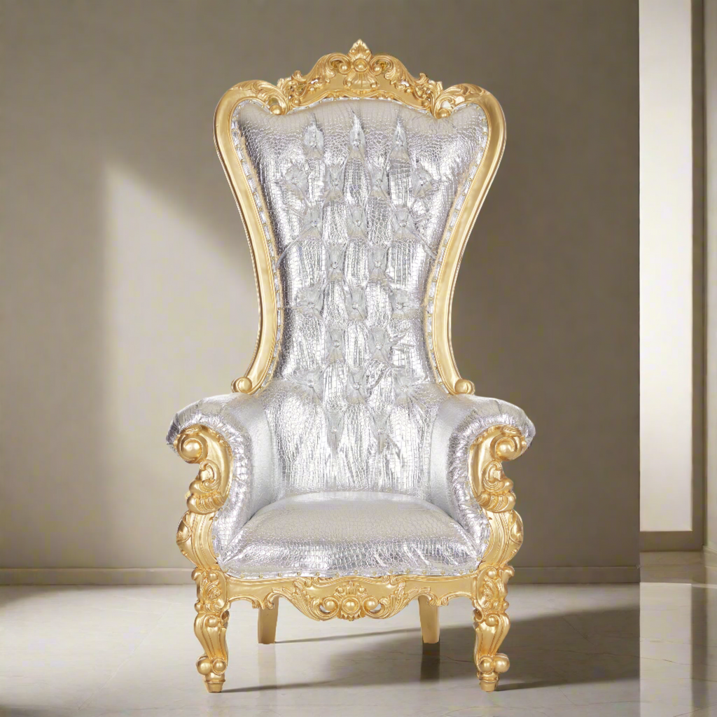 "Queen Tiffany 2.0" Throne Chair - Silver Croc Print / Gold