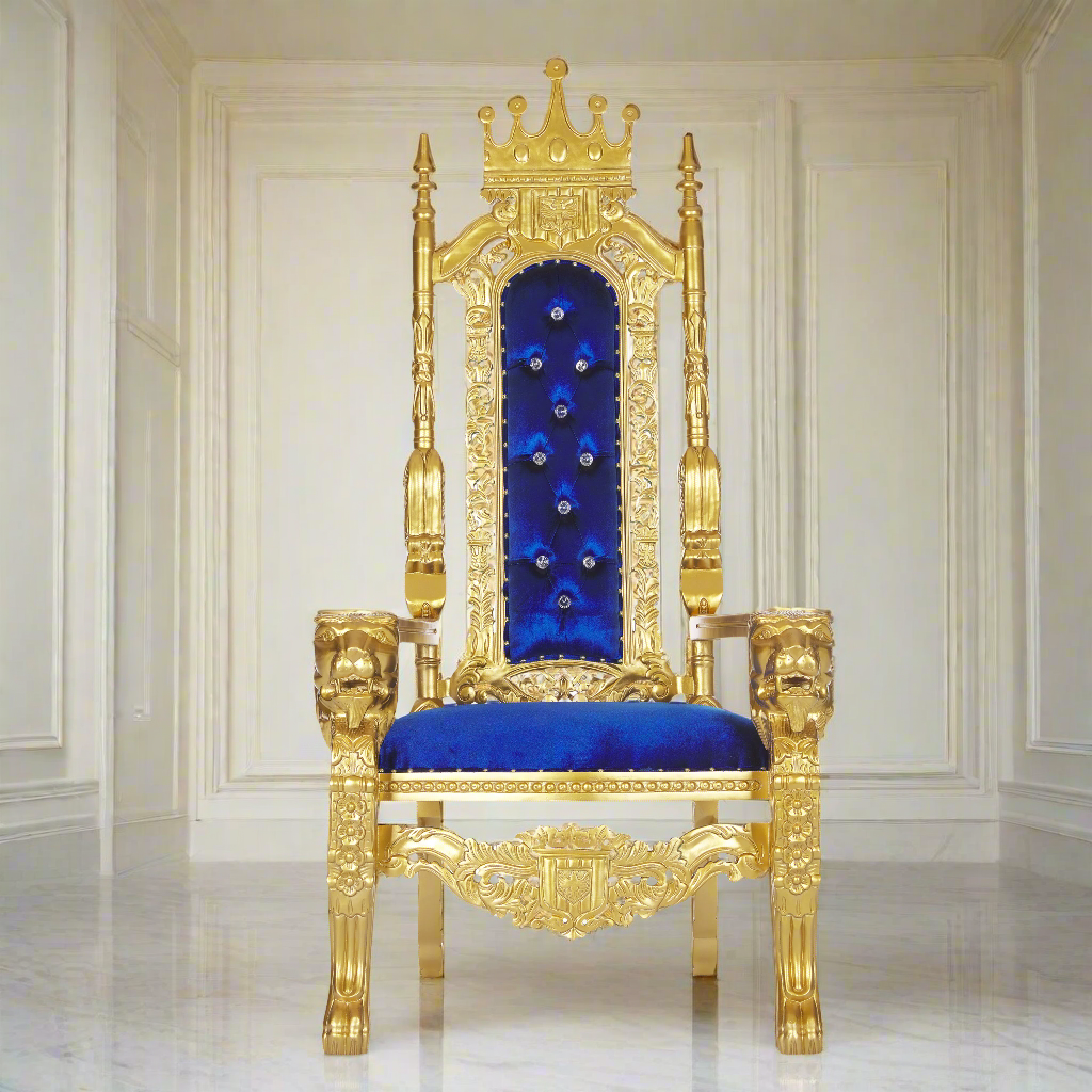 "King David" Crown Lion Throne Chair - Blue Velvet / Gold