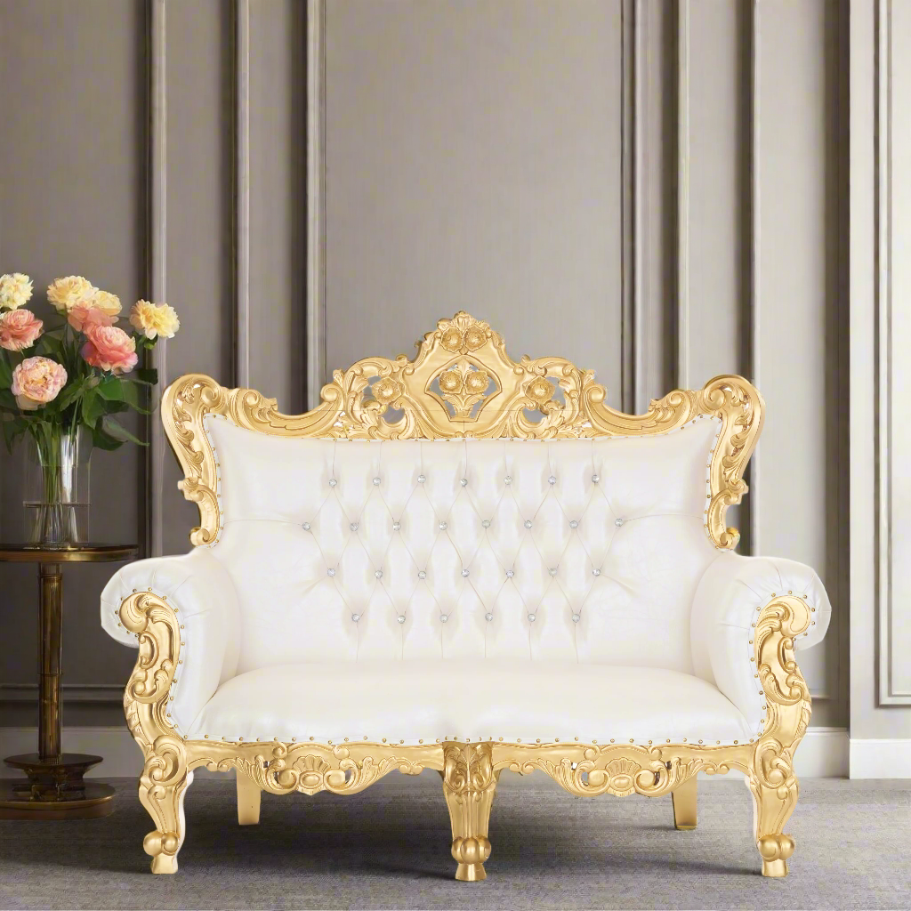 "Farrah" Royal Love Seat Sofa - White / Gold