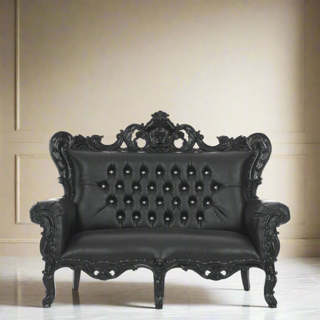 Sofa Boutique 2 Seater Settee French Baroque Style Gold Leaf White Faux Leather Crystal SW Buttons