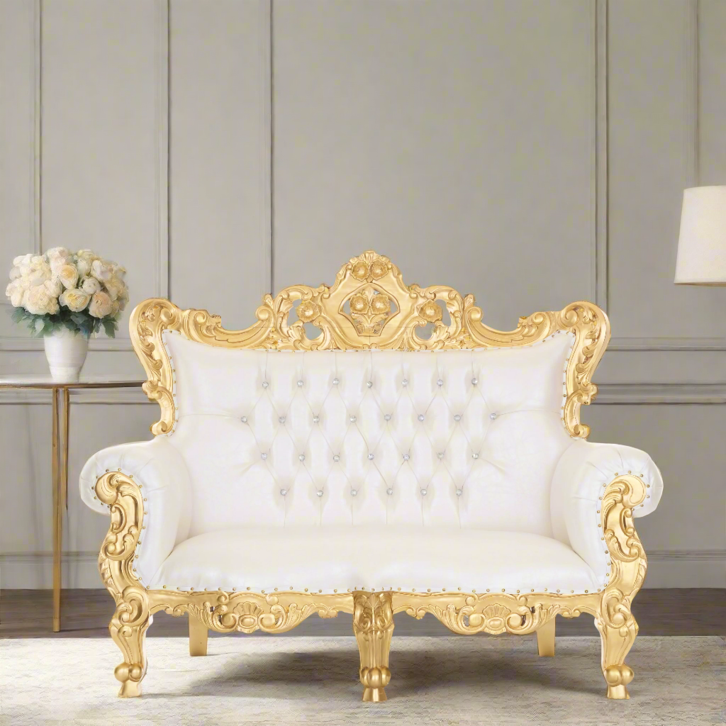 "Farrah" Royal Love Seat Sofa - White / Gold