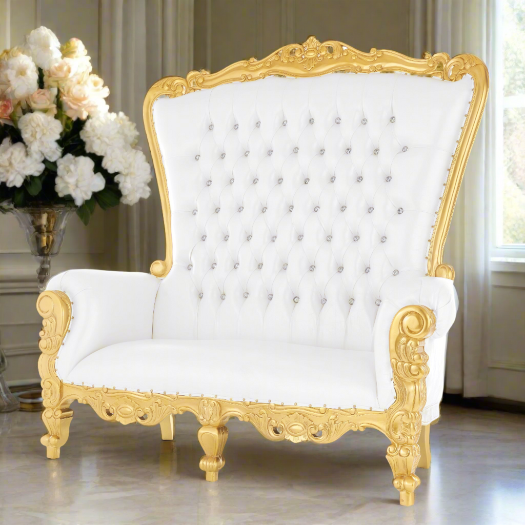 "Queen Tiffany" Love Seat Throne Chair - White / Gold
