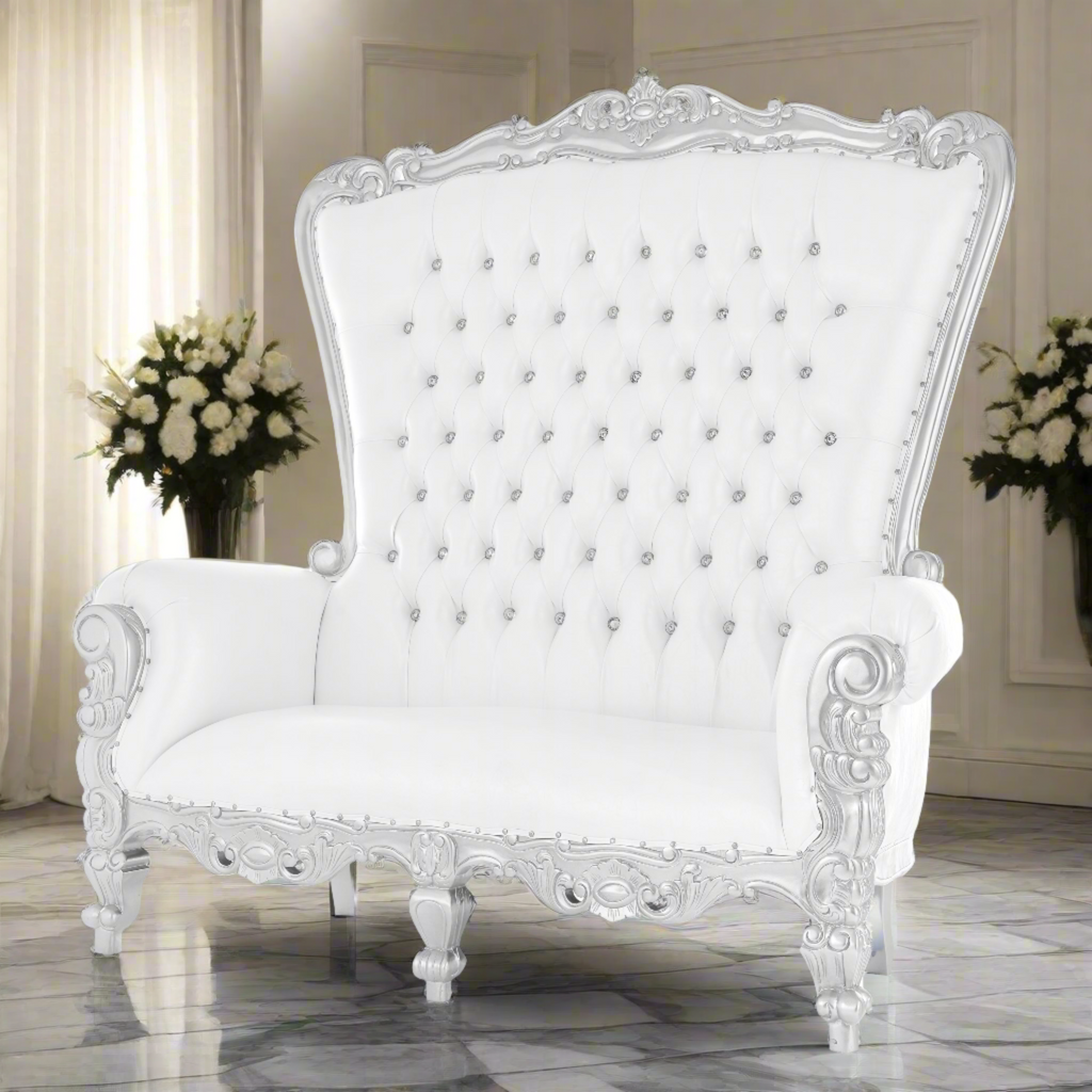 "Queen Tiffany" Love Seat Throne - White / Silver
